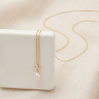 18K Gold Teardrop Pearl Necklace with CZ Accent