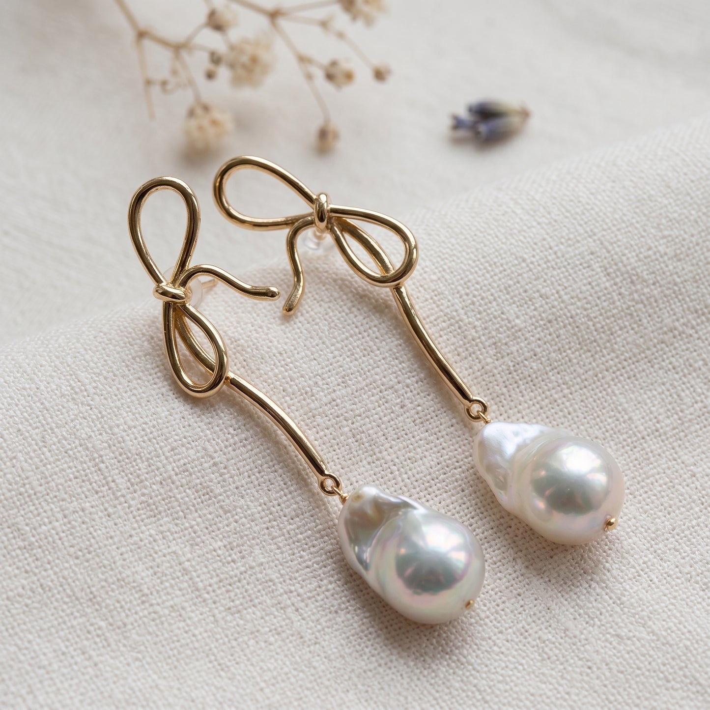 Bow Baroque Pearl Drop Earrings in 14K Gold Plated | 925 Sterling Silver