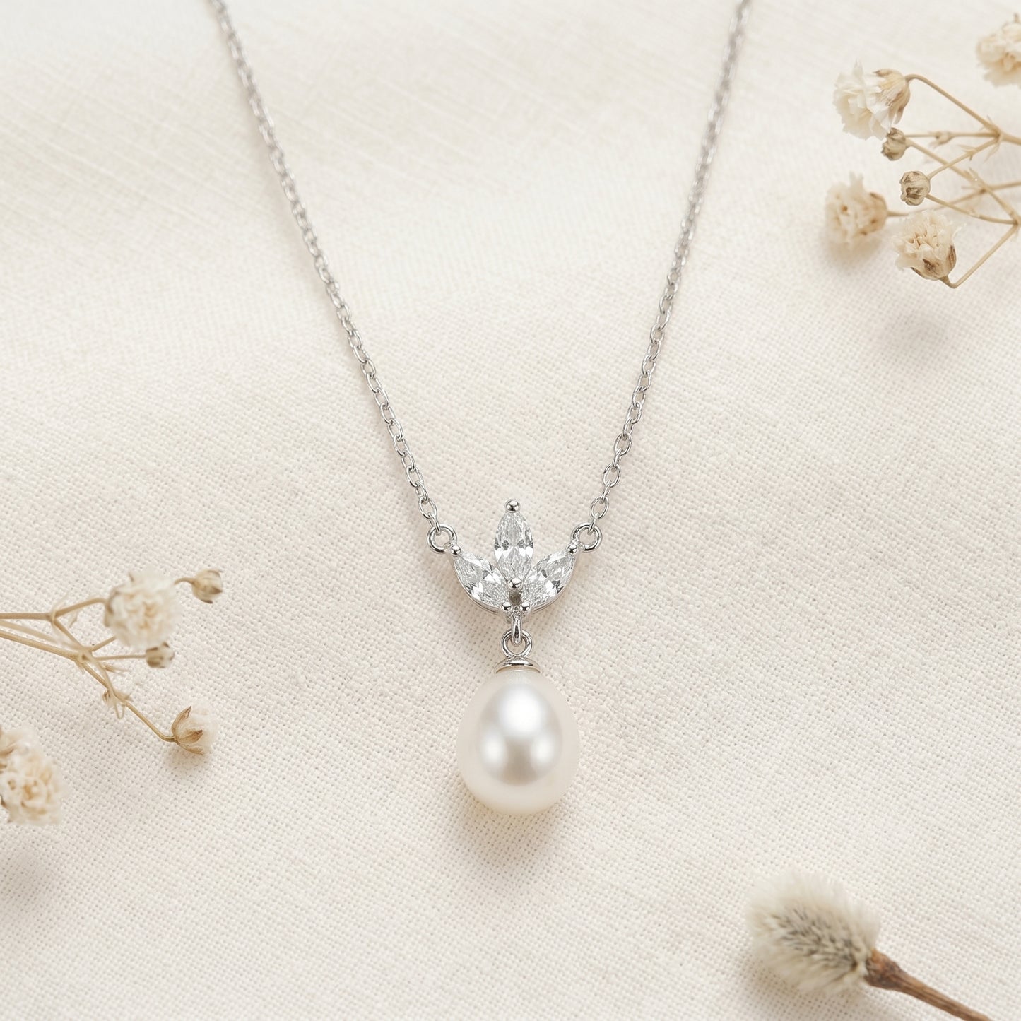 18K Gold Teardrop Pearl Necklace with CZ Accent