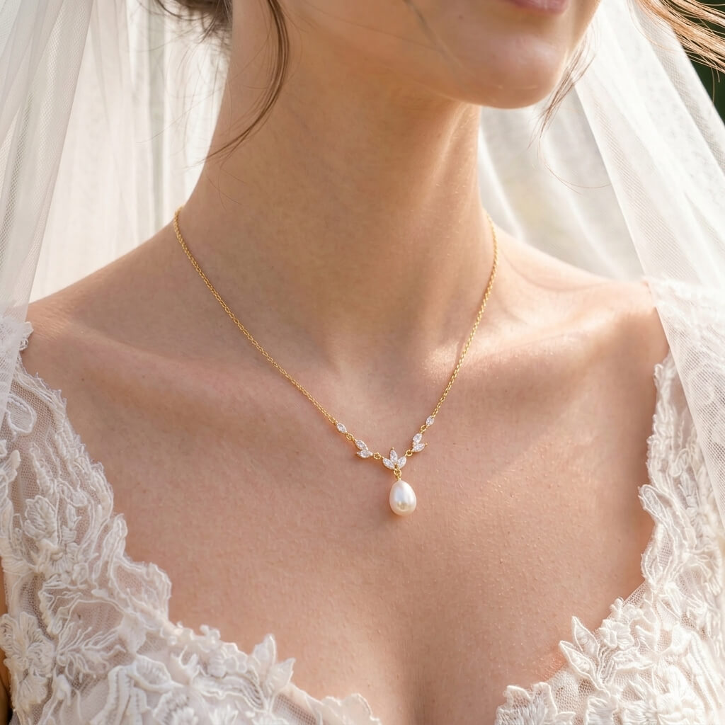 Dainty Teardrop Pearl Necklace in 18K Gold