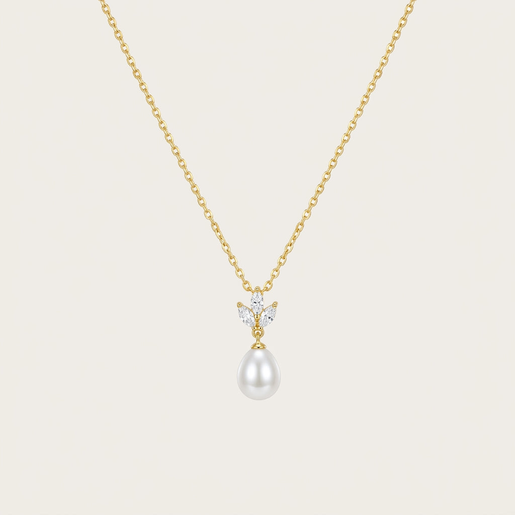 18K Gold Teardrop Pearl Necklace with CZ Accent