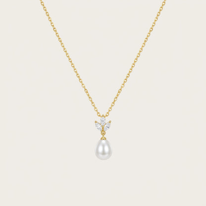 18K Gold Teardrop Pearl Necklace with CZ Accent