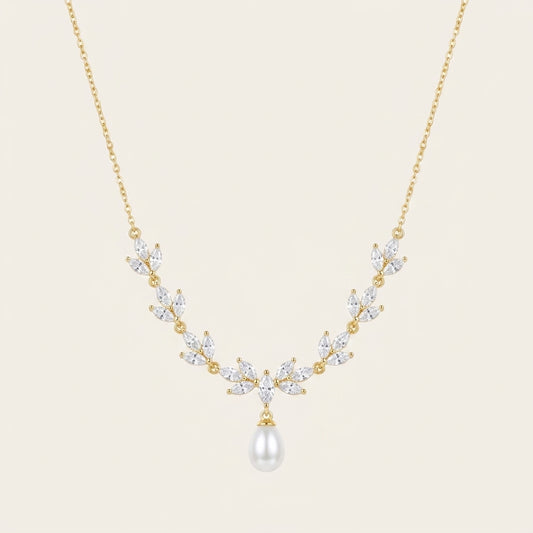 Gold Leaf Freshwater Pearl Necklace | CZ Bridal Necklace & Matching Set