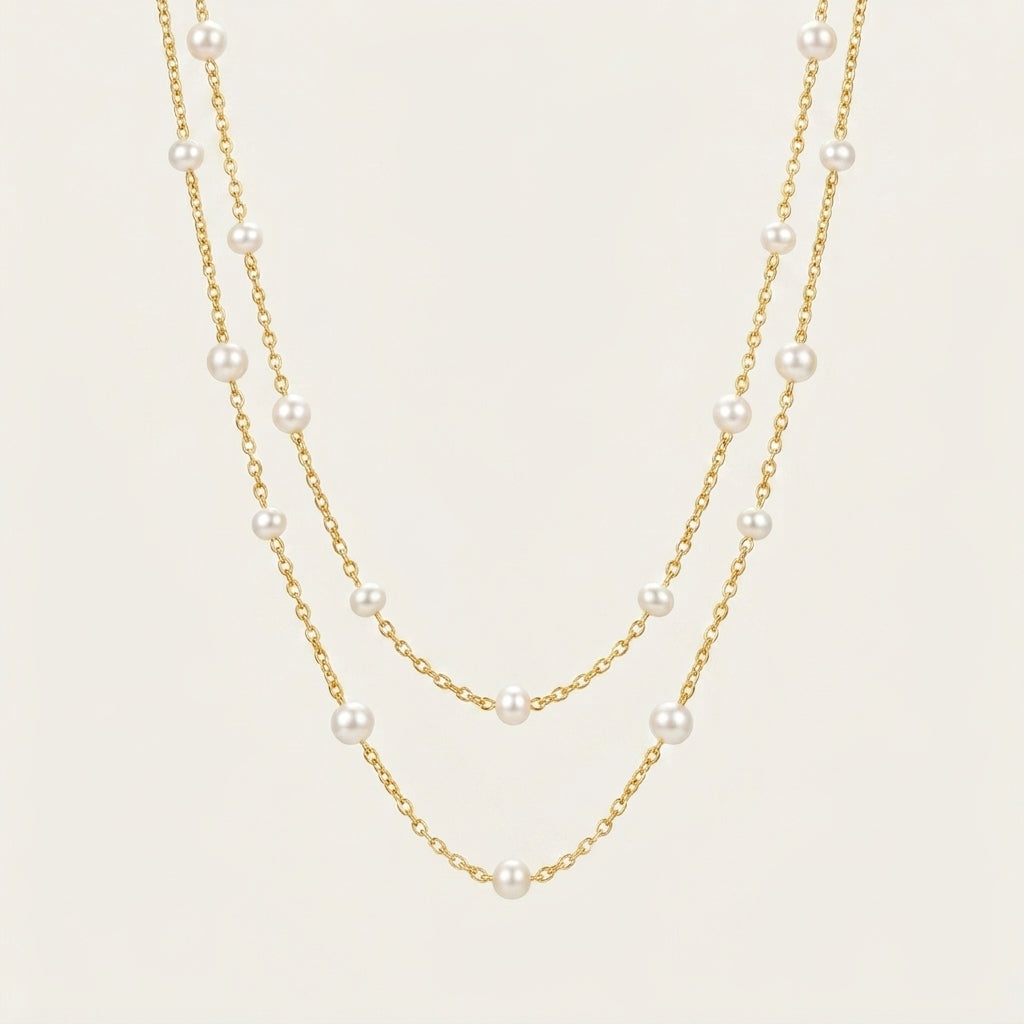 Double Layer Natural Pearl Necklace in 925 Sterling Silver