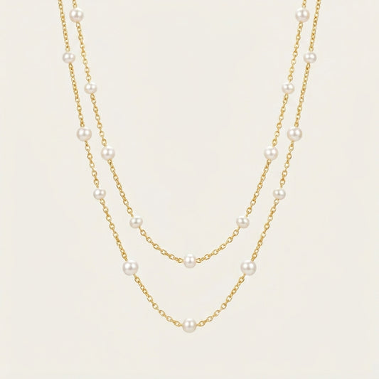 Double Layer Natural Pearl Necklace in 925 Sterling Silver