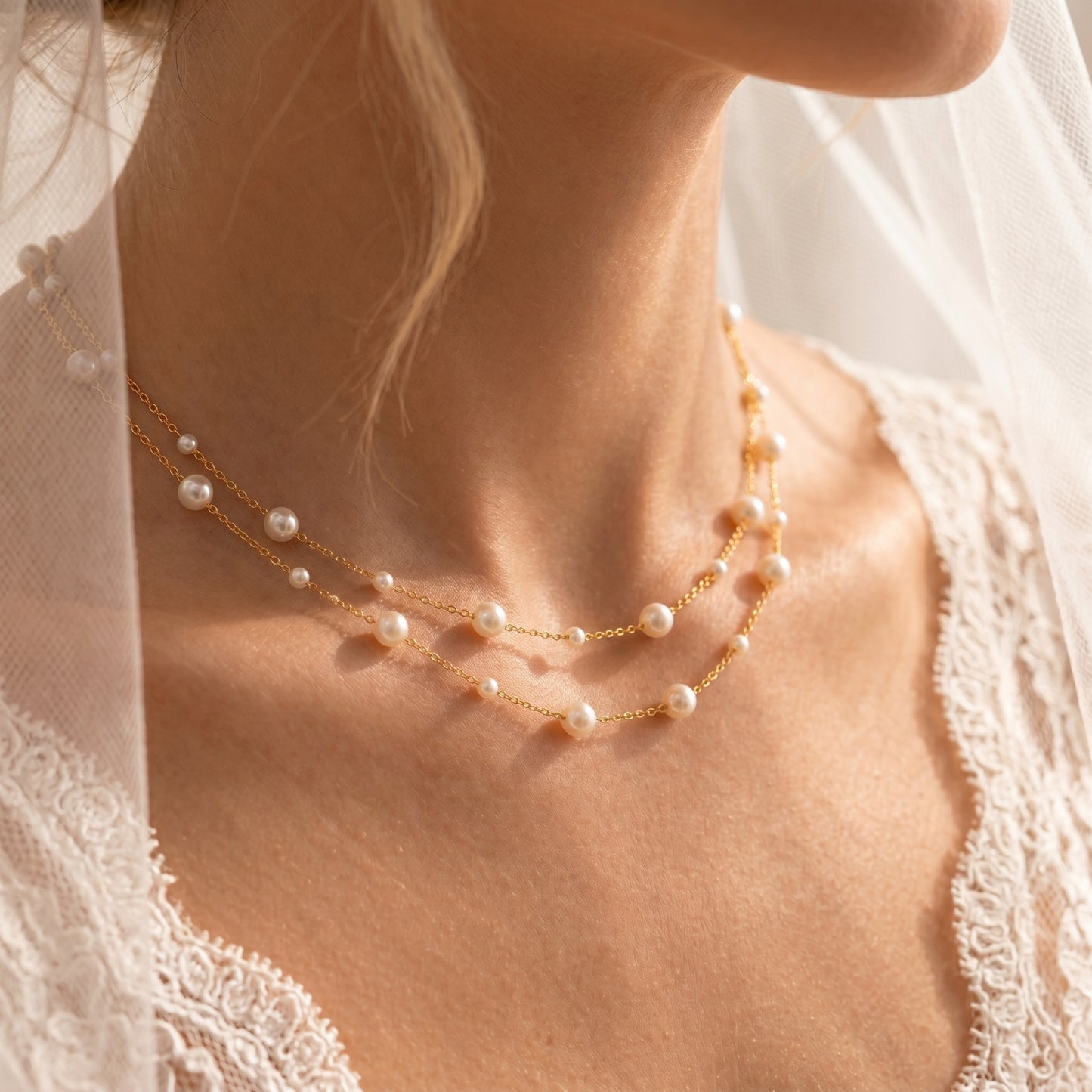 Double Layer Natural Pearl Necklace in 925 Sterling Silver