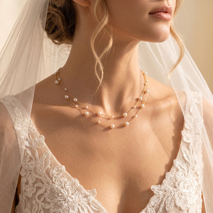 Double Layer Natural Pearl Necklace in 925 Sterling Silver