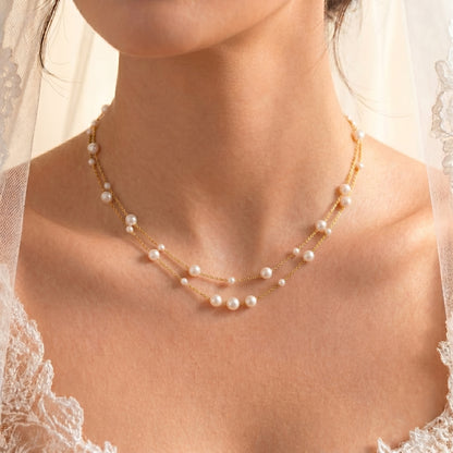 Double Layer Natural Pearl Necklace in 925 Sterling Silver