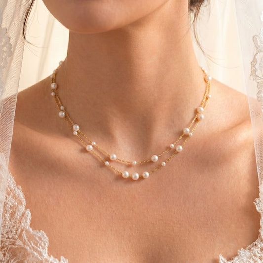 Double Layer Natural Pearl Necklace in 925 Sterling Silver