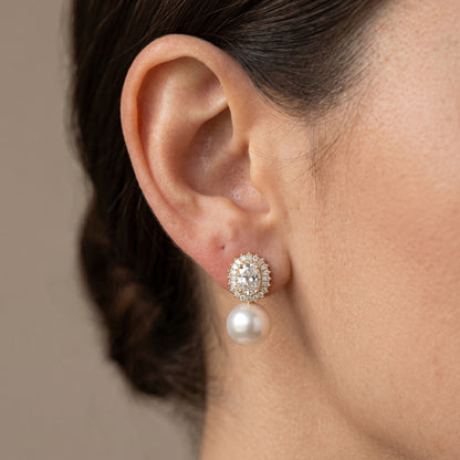 Freshwater Pearl Drop Earrings with Zircon Halo & Silver Needle