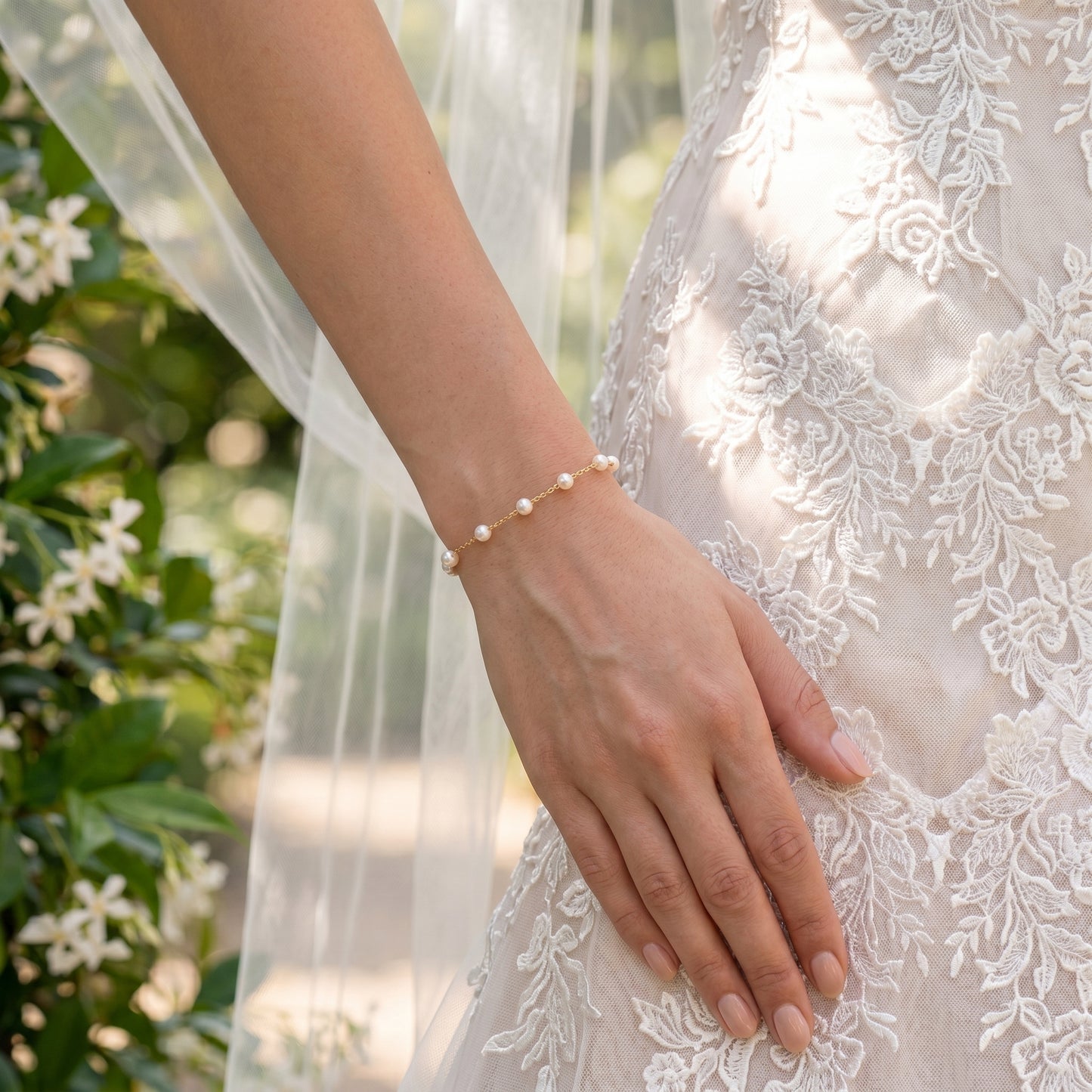 Dainty Natural Pearl Station Bracelet in 14K Gold Plated