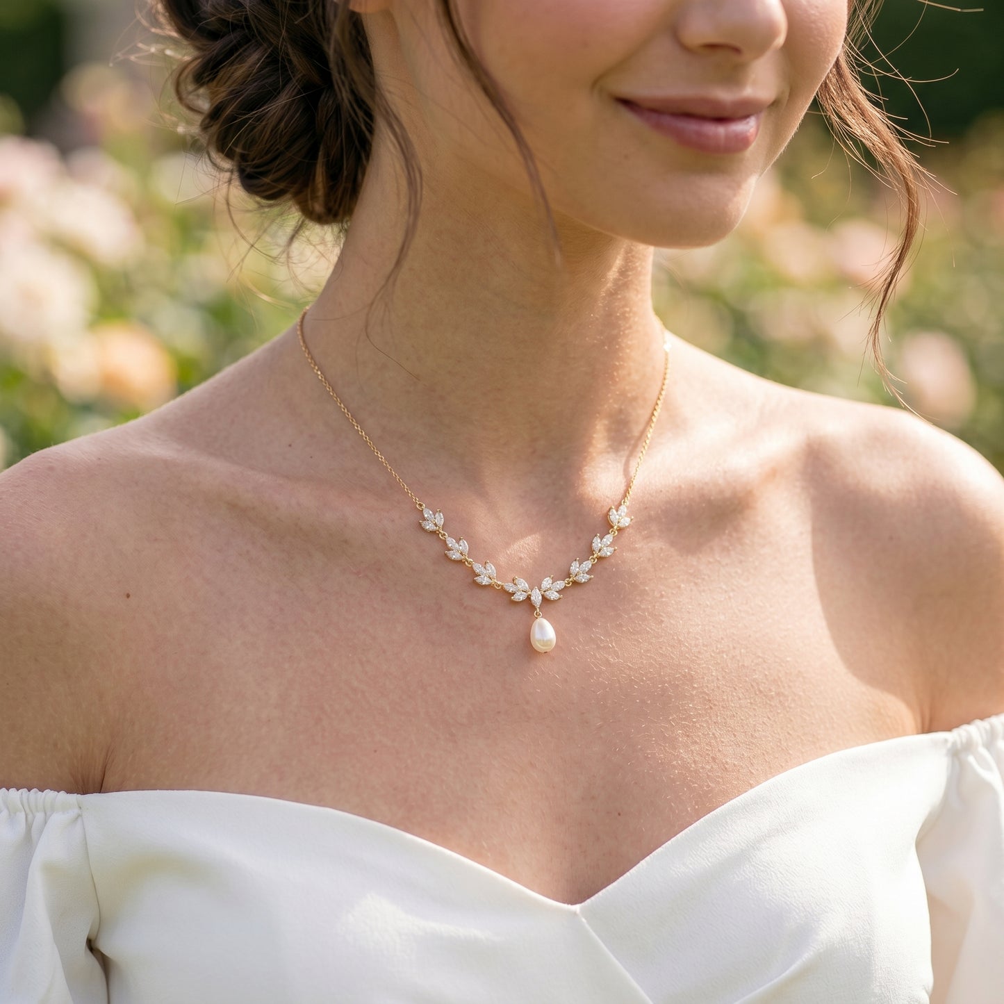 Gold Leaf Freshwater Pearl Necklace | CZ Bridal Necklace & Matching Set
