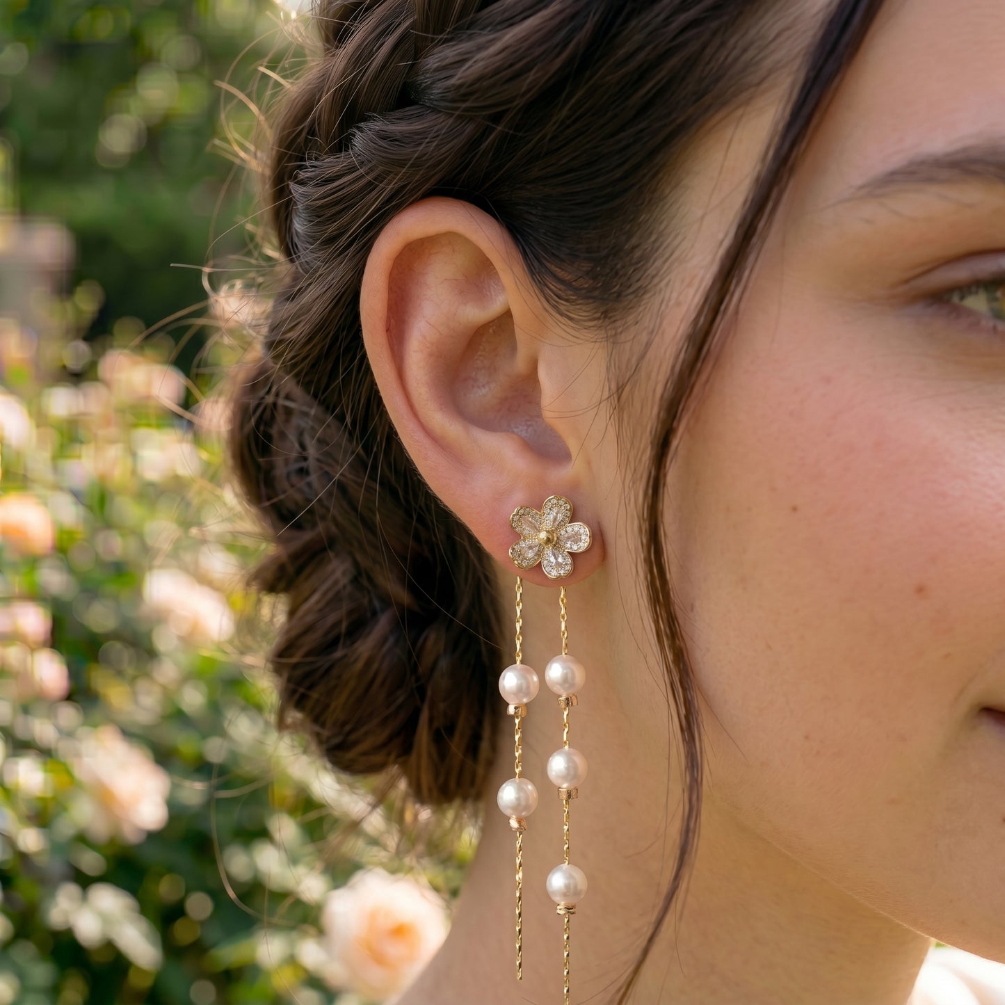 Flower Pearl Drop Earrings in 14K Gold Plated