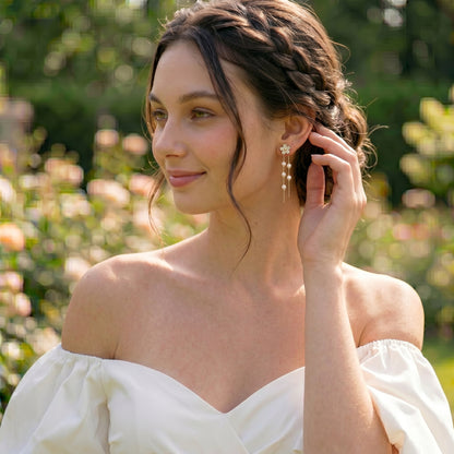 Flower Pearl Drop Earrings in 14K Gold Plated