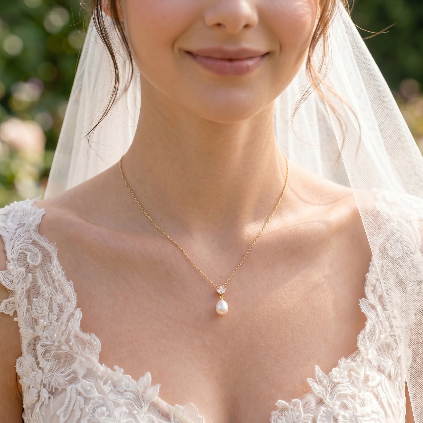 18K Gold Teardrop Pearl Necklace with CZ Accent