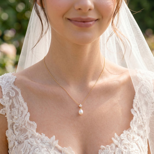 18K Gold Teardrop Pearl Necklace with CZ Accent