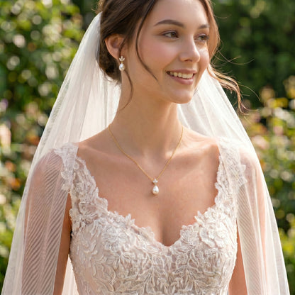 18K Gold Teardrop Pearl Necklace with CZ Accent
