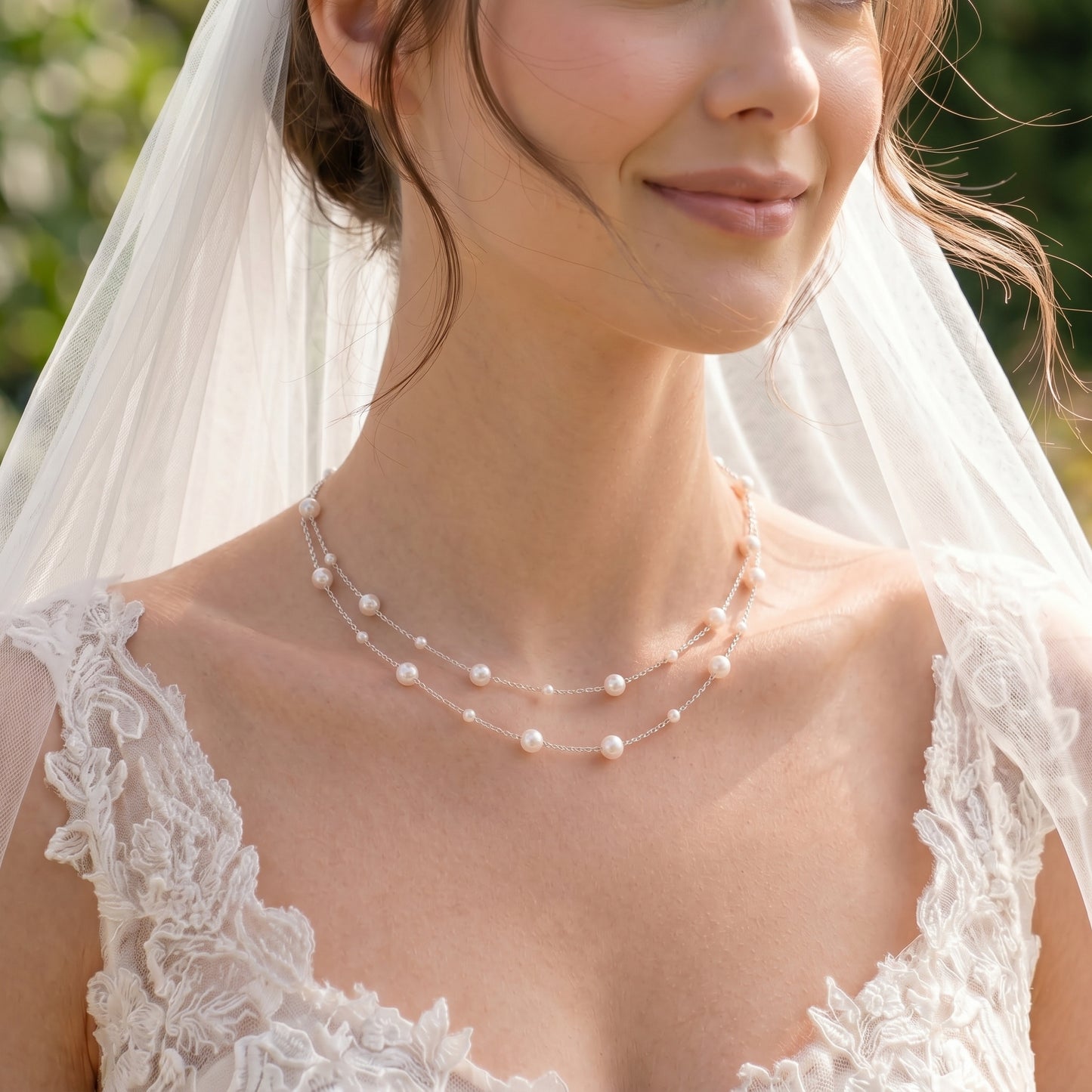 Double Layer Natural Pearl Necklace in 925 Sterling Silver