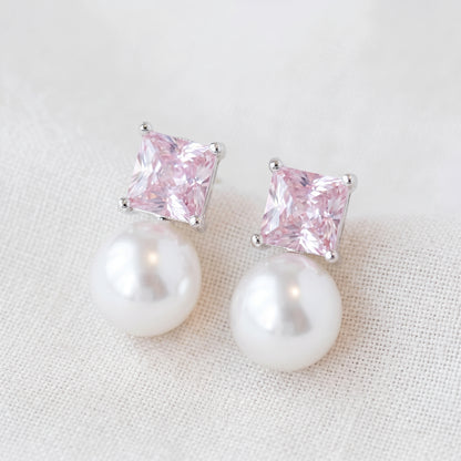 Freshwater Pearl & Zircon Stud Earrings with Silver Needle