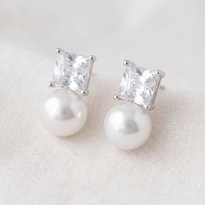 Freshwater Pearl & Zircon Stud Earrings with Silver Needle