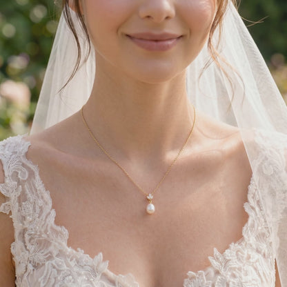 18K Gold Teardrop Pearl Necklace with CZ Accent