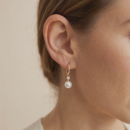 Freshwater Pearl Hoop Earrings with Zircon Charm